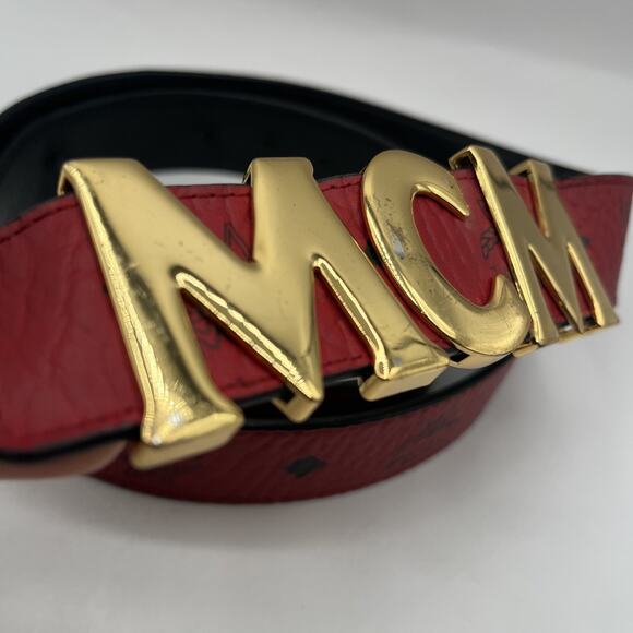 MCM Claus Red Visetos 24k Rolled Gold Buckle Belt Logo On Leather AS IS DAMAGED - Picture 2 of 16